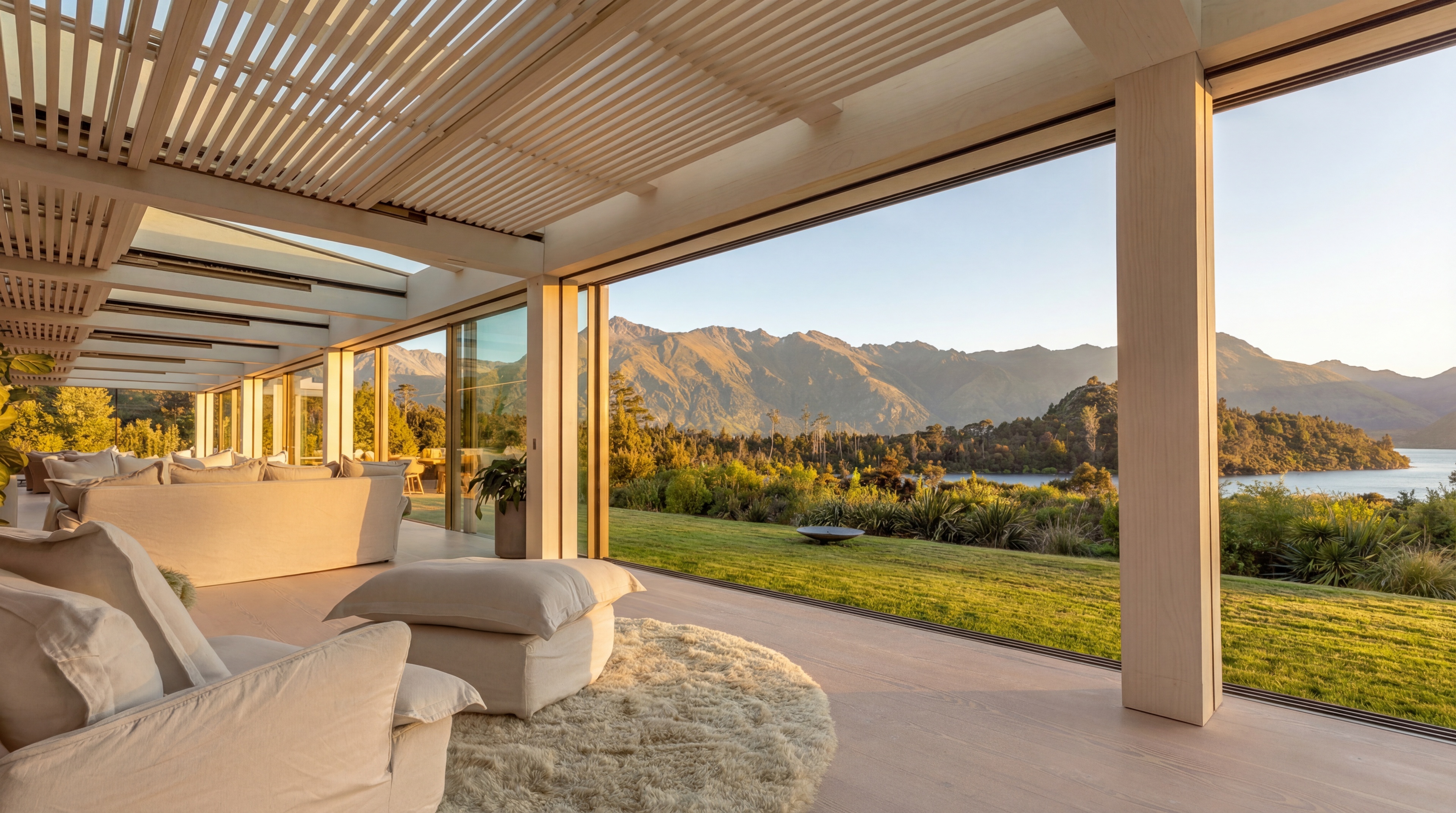 View from the conservatory across manicured lawn to Bob's Cove and the surrounding mountains